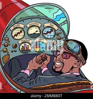 Cockpit eines Retro-Flugzeugs, führt der afroamerikanische Pilot das Flugzeug. Pilotenberuf Stock Vektor