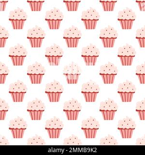 Nahtloses Muster mit köstlichen Cupcakes im Cartoon-Stil. Vektorhintergrund mit Süßigkeiten, Dessert, Gebäck auf weißem Hintergrund. Stock Vektor