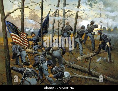 Die Schlacht von Shiloh (auch bekannt als die Schlacht von Pittsburg Landing) fand vom 6. Bis 7. April 1862 im Amerikanischen Bürgerkrieg statt. Zwei Armeen der Union besiegten die Konföderierte Armee von Mississippi. Generalmajor Ulysses S. Grant war der Befehlshaber der Union, während General Albert Sidney Johnston, der nach einer Beinverletzung in der Schlacht an Blutverlust starb, der Befehlshaber der Konföderierten war. Das Bild zeigt die Kämpfe von Illinois im Jahr 9. in Shiloh, gemalt von Keith Rocco Stockfoto