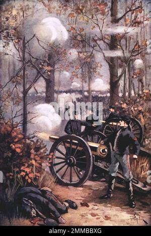 Die Schlacht von Shiloh (auch bekannt als die Schlacht von Pittsburg Landing) fand vom 6. Bis 7. April 1862 im Amerikanischen Bürgerkrieg statt. Zwei Armeen der Union besiegten die Konföderierte Armee von Mississippi. Generalmajor Ulysses S. Grant war der Befehlshaber der Union, während General Albert Sidney Johnston, der nach einer Beinverletzung in der Schlacht an Blutverlust starb, der Befehlshaber der Konföderierten war. Dieses Bild zeigt unionistische Soldaten, die während der Schlacht ihre Kanonen einsammeln. Stockfoto