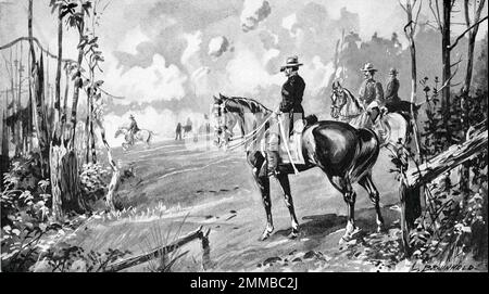 Die Schlacht von Shiloh (auch bekannt als die Schlacht von Pittsburg Landing) fand vom 6. Bis 7. April 1862 im Amerikanischen Bürgerkrieg statt. Zwei Armeen der Union besiegten die Konföderierte Armee von Mississippi. Generalmajor Ulysses S. Grant war der Befehlshaber der Union, während General Albert Sidney Johnston, der nach einer Beinverletzung in der Schlacht an Blutverlust starb, der Befehlshaber der Konföderierten war. Dieses Bild zeigt General Odysseus S. Grant auf dem Pferderücken in der Schlacht. Stockfoto