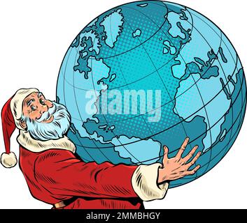 Der Weihnachtsmann hält den Planeten Erde in seinen Händen. Neujahr und Weihnachten Stock Vektor