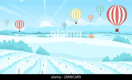 Winterlandschaft mit süßen Ballons Flugvektordarstellung. Cartoon große Heißluft-Ballons fliegen in blauem Himmel über verschneiten Feldern und Weinbergen in ländlicher Landschaft mit Sonnenaufgangslandschaft Stock Vektor