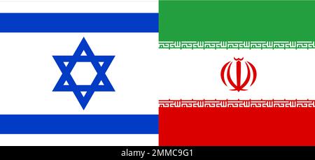 Die kombinierte Flagge Israels und Irans. Bewaffneter Konflikt zwischen Ländern. Stockfoto