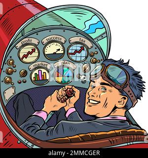 Cockpit eines Retro-Flugzeugs, der Pilot führt das Flugzeug. Pilotenberuf. Pop Art retro Vektor Illustration 50s 60s Stil kitschig vintage Stock Vektor