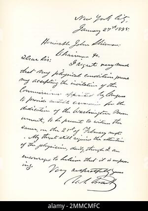 Diese 1892 Bilder zeigen einen Brief von Odysseus's Grant vom 27. Januar 1885, unterzeichnet von Grant. 18. Präsident der Vereinigten Staaten der Brief lautet: "New York City, 27. Januar 1885. Der Ehrenwerte John Sherman, Vorsitzender. Sehr geehrter Herr, ich bedaure sehr, dass meine körperliche Verfassung es mir unmöglich macht, die Einladung der vom Kongress ernannten Kommission anzunehmen, die geeignete Zeremonien für die Einweihung des Washington Monuments veranstaltet, das am 21. Februar des nächsten Jahres hier sein wird, um das gleiche zu erleben. Meine Kehle erfordert immer noch die Aufmerksamkeit des Arztes, täglich, obwohl ich ermutigt bin, ihr zu glauben Stockfoto