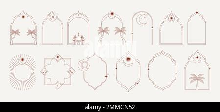 Kollektion aus minimalistisch-linearen islamischen Fenstern und Bögen mit modernem Bo-Ho-Design, Mond, Moschee-Kuppel und Laternen. Minimalistische Illustrationen Stock Vektor