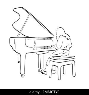 Frau spielt Grand Piano Illustration Vektor Hand gezeichnet auf weißem Hintergrund Strichkunst. Stock Vektor