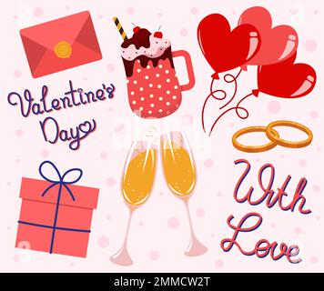 Kollektion Von Designelementen Für Valentinstag-Dekorationsvektoren In Flacher Ausführung Stock Vektor