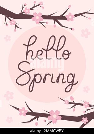 „Hello Spring“-Schriftzug Oder -Banner Mit Cherry Blossom-Vektor-Illustration In Flacher Ausführung Stock Vektor