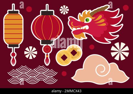 Set Für Chinesisches Neujahr Oder Traditionelle Celebration Design-Vektor-Illustration Im Flachen Stil Stock Vektor