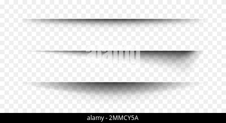 Sammlung von auf transparentem Hintergrund isolierten Papierschatteneffekten. Realistische horizontale Trennlinien. Notizbuchblatt, Buchseite, Karte, Flyer, Banner, Poster mit weichen Kanten. Vektordarstellung Stock Vektor