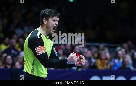 Stockholm, Schweden. 29. Januar 2023. Handball: Weltmeisterschaft, Finale Frankreich - Dänemark in der Ergo Arena. Der dänische Torwart Niklas Landin Jacobsen Prost. Kredit: Jan Woitas/dpa/Alamy Live News Stockfoto