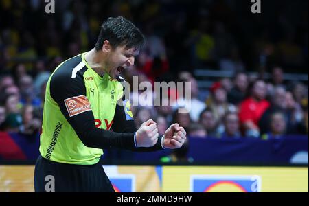 Stockholm, Schweden. 29. Januar 2023. Handball: Weltmeisterschaft, Finale Frankreich - Dänemark in der Ergo Arena. Der dänische Torwart Niklas Landin Jacobsen Prost. Kredit: Jan Woitas/dpa/Alamy Live News Stockfoto