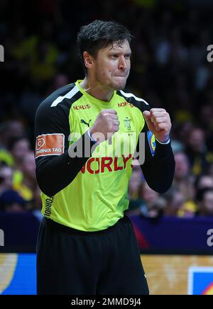 Stockholm, Schweden. 29. Januar 2023. Handball: Weltmeisterschaft, Finale Frankreich - Dänemark in der Ergo Arena. Der dänische Torwart Niklas Landin Jacobsen Prost. Kredit: Jan Woitas/dpa/Alamy Live News Stockfoto