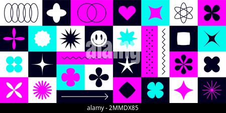 Abstrakte Grafikelemente für das Konzeptdesign. Formsymbol, Grafiksatz geometrische Form für Muster, Grafik, Webdesign, minimalistisches Schild, Stern, Blume, Kollektion abstrakte Form. Vektordarstellung Stock Vektor
