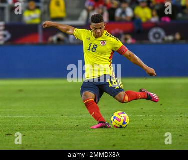 Menifee, Kalifornien, USA. 28. Januar 2023. Frank Fabra (18) während des Freundschaftsspiels zwischen Columbia und USMNT .Dignity Health Sports Park. Zuma Press Action Nimmt Die Media Group Auf. (Kreditbild: © Ardie Crenshaw/ZUMA Press Wire) NUR REDAKTIONELLE VERWENDUNG! Nicht für den kommerziellen GEBRAUCH! Stockfoto