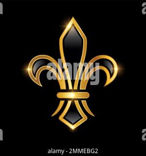 Eine Vektordarstellung des Golden Fleur De Lis Logos auf schwarzem Hintergrund mit goldenem Glanzeffekt Stock Vektor
