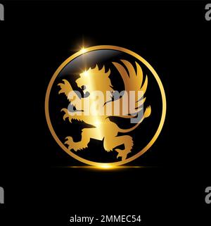 Eine Vektordarstellung des Golden Lion Winged Logo-Zeichens auf schwarzem Hintergrund mit goldenem Glanzeffekt Stock Vektor