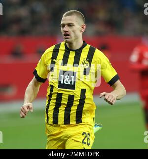 Leverkusen, Deutschland. 29. Januar 2023. Bundesliga, Matchday 18, Bayer 04 Leverkusen - Borussia Dortmund, Julian Ryerson (BVB) Kredit: Juergen Schwarz/Alamy Live News Stockfoto