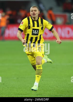 Leverkusen, Deutschland. 29. Januar 2023. Bundesliga, Matchday 18, Bayer 04 Leverkusen - Borussia Dortmund, Julian Ryerson (BVB) Kredit: Juergen Schwarz/Alamy Live News Stockfoto