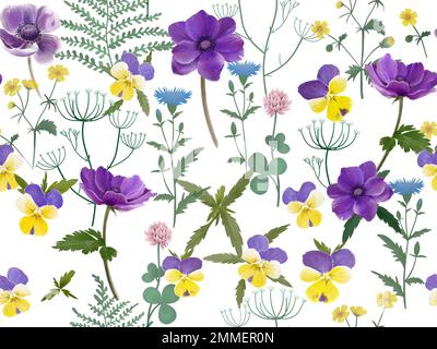Wunderschönes, nahtloses Blumenmuster mit wässrigen, sanften, bunten Sommerblumen. Elegante Vorlage mit Blumen. Abbildung für den Druck Stockfoto