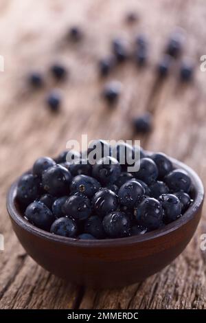 Frische rohe Patagonische Calafatbeeren (lat. Berberis heterophylla) in rustikaler Schüssel, fotografiert auf Holz (selektiver Fokus) Stockfoto