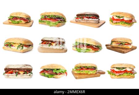 Set von leckeren Sandwiches auf weißem Hintergrund Stockfoto