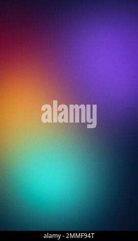 Körniger verlaufender Hintergrund, abstrakte lebendige Farben, körnige Textur, verschwommene orangefarbene violette grüne Flecken auf Schwarz Stockfoto