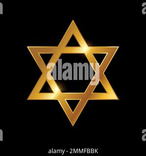 Goldenes Hexagramm Dreieck-Sternzeichen-Vektorsymbol, schwarzer Hintergrund mit goldenem Glanzeffekt Stock Vektor