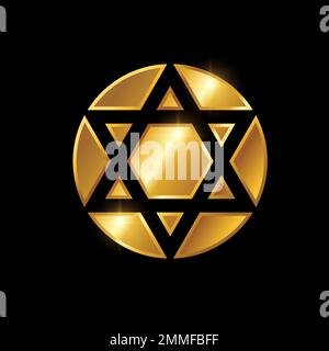 Goldenes Hexagramm Dreieck-Sternzeichen-Vektorsymbol, schwarzer Hintergrund mit goldenem Glanzeffekt Stock Vektor