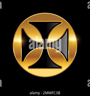 Goldenes maltesisches Kreuz-Logo Vektorzeichen auf schwarzem Hintergrund mit goldenem Glanzeffekt Stock Vektor