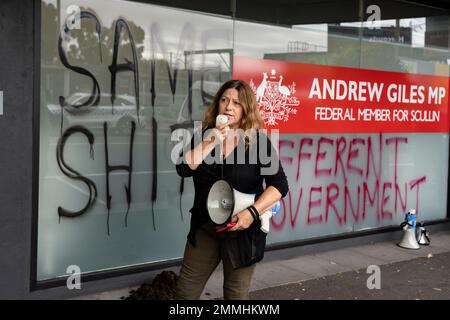 Protestanten für Flüchtlingsrechte, Zielbüro von Andrew Giles Stockfoto