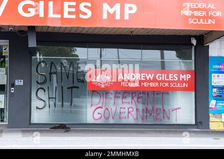 Protestanten für Flüchtlingsrechte, Zielbüro von Andrew Giles Stockfoto