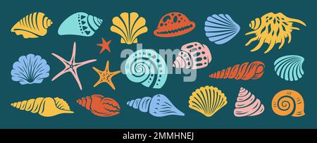 Seemuschel, Senken-Cartoon-Gravierset. Meeresspiralschnecke, Meeresspiralschnecke, Seesterne-Sammlung. Tropische Strandmuscheln Wasserdesign Illustration Stock Vektor