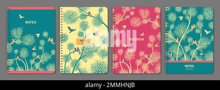 Abstraktes, trendiges Notebook-Cover-Set mit Vogel und Baum. Exotisches Taubendesign für Planer, Broschüre, Buch, Katalog. Notizblock mit Spatz-Romantikornamenten. Dekoratives Fowl Layout Seitendruckvorlage Stock Vektor