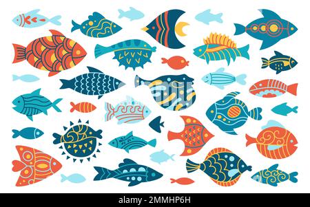 Fisch mit abstrakten tropischen Ornamenten und Doodle-Set. Flache, lineare, moderne, exotische Aquariumtiere, nautische Zeichentrickfilme. Verschiedene einfache Ziersüßwasser-, Meeresfisch-Vektorelemente Stock Vektor