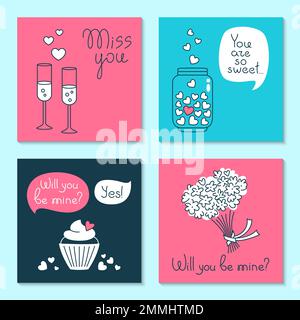 Trendige Cover zum Valentinstag, quadratisches Kartenspiel-Set. Valentinstag-Design-Seite für Einladung, Postkartengrußvorlage, Planer mit romantischen Geschenkobjekten. Broschüre, dekorativer Hintergrund Stock Vektor