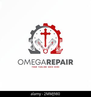 Einzigartiges Omega-, Christian Cross-, Piston- und Gear-Grafik-Symbol Logo-Design abstraktes Konzept, das sich auf den Workshop oder die Wissenschaft bezieht Stock Vektor