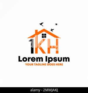 Buchstabe oder Wort 1KH Schriftart mit Hausdach, Fenster und fliegenden Vögeln Bildgrafik Symbol Logo Design abstraktes Konzept Vektoreigenschaft oder Initiale Stock Vektor