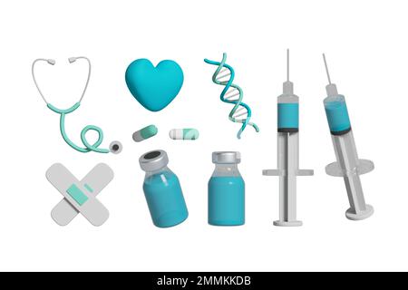 Stethoskop, Pflaster, Herz, Impfstoff, Medizin, Spritze, Pille. Gruppe von Objekten auf weißem Hintergrund. Stockfoto
