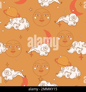 Nahtloses Retro-Muster mit Planeten und Sternen am Himmel. Farbige flache Vektordarstellung des druckbaren Hintergrunds Stock Vektor