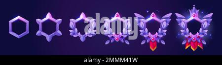 Lila Sechseckrahmen von Avataren. Fantasy-Abzeichen mit leuchtenden Rändern mit Lorbeer, Edelsteinen, Krone und rotem Wimpel, Vektor-Cartoon isoliert im Hintergrund Stock Vektor