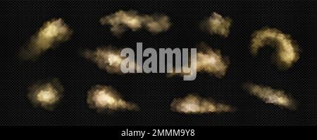 Brauner Staub, Sand und Rauchwolken setzen sich. Auswirkungen von Sandsturm, Sturm in der Wüste oder Explosion mit Struktur von fliegendem staubigen Pulver, vektorrealistisch isoliert auf transparentem Hintergrund Stock Vektor