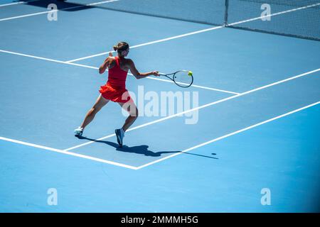 Tennisfan, der ein Tennisspiel im australischen Open beim Essen und Trinken in australien beobachtet Stockfoto