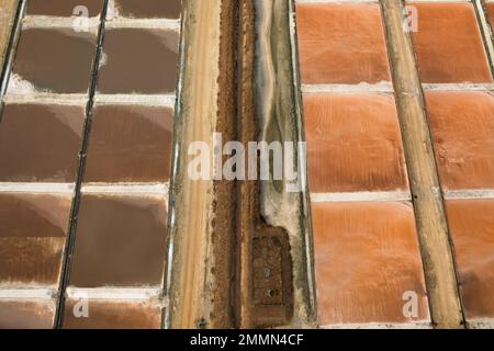 Luftaufnahme der Salzextraktion aus Meerwasser durch Verdunstung. Salzfarm mit Pools. Sri Lanka Stockfoto
