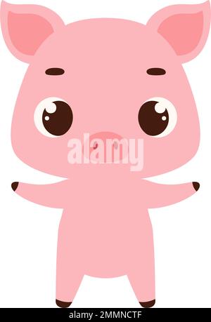 Süßes kleines Schwein auf weißem Hintergrund. Zeichentrickfigur für Kinderkarten, Babyparty, Einladung, Poster, T-Shirt-Komposition, Innenraum des Hauses. Ve Stock Vektor