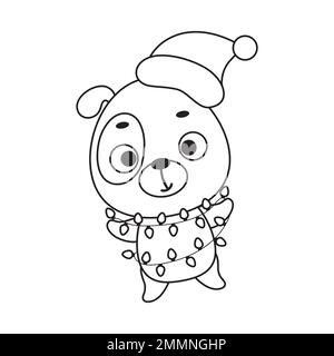 Malseite niedlicher Weihnachtshund mit Girlande. Malbuch für Kinder. Edudogionale Aktivität für Kinder im Vorschulalter und Kleinkinder mit niedlichem Tier. Ve Stock Vektor