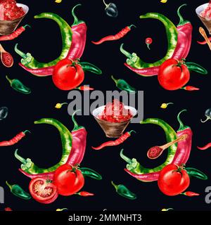 Chili heiße Paprika und Tomaten, wasserfarbenes, nahtloses Muster, isoliert im Dunkeln. Scharfer Jalapeno-Pfeffer, handgezeichnet. Design für Verpackung, Menü, Markt, Gericht Stockfoto