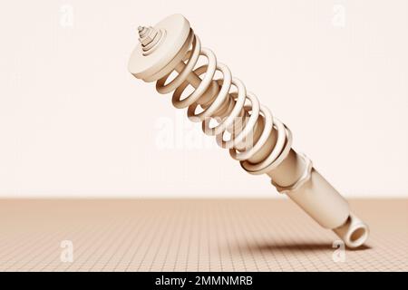Beigefarbenes Stoßdämpferfahrzeug mit einfarbigem Hintergrund. 3D Abbildung. Aufhängungsteile Stockfoto